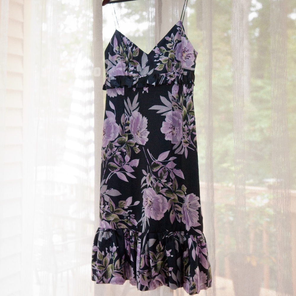 Jill Stuart | Floral Print Midi Dress Ruffle Trim